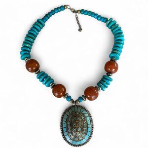 VTG turquoise tone dyed stone turtle shell amulet mosaic inlay pendant necklace
